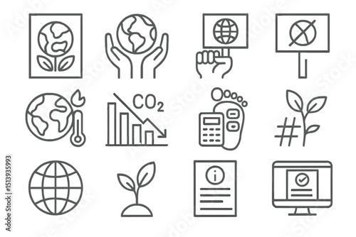 Eco icons collection: sustainability, emissions, conservation, climate awareness