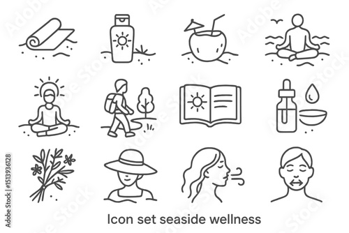 Seaside wellness icon set featuring yoga, meditation, and self-care symbols