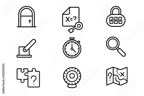 Escape room puzzle icon set: lock, key, timer, map symbols