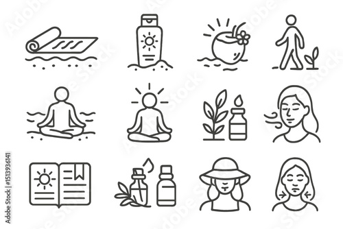 Wellness and relaxation icons featuring meditation, nature, and self-care