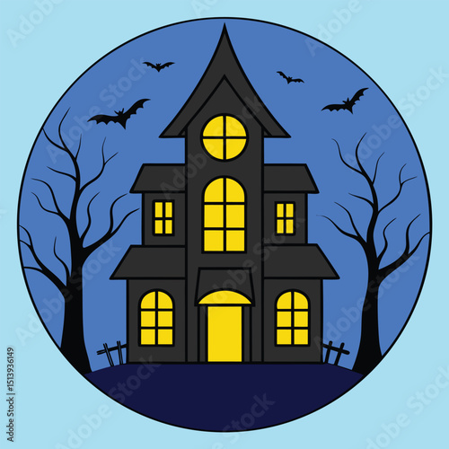 Spooky black haunted house with bats trees and glowing windows inside blue circular frame
