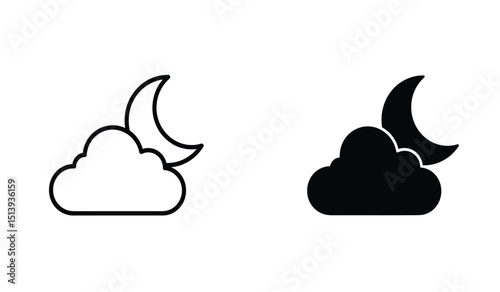Simple weather icon with half moon or waning crescent moon in a cloudy sky. Night time symbol in line art style. Linear flat vector illustration