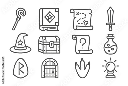 Fantasy icons set: magic wand, book, map, sword, hat, chest, scroll, potion