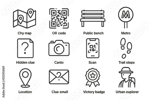 Urban map icons set with metro, qr code, bench, and steps