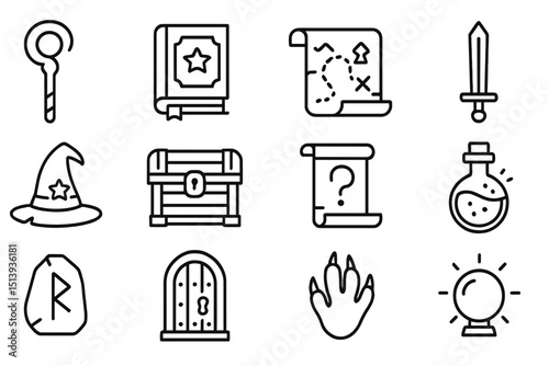 Fantasy icon set: magic, adventure, and exploration symbols