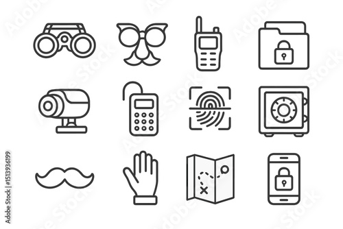 Security icons set featuring gadgets and tools in digital style