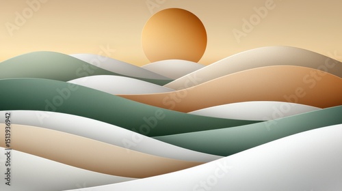 Abstract Landscape with Wavy Terrain and Sun, Minimalist Style