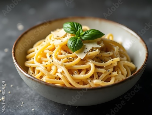 A cozy high-quality food shot of a rustic bowl of pasta in a creamy Alfredo sauce