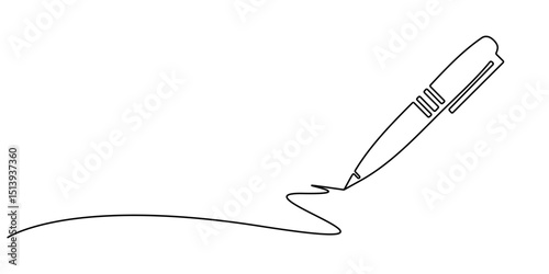 One continuous line of pen writing on a sheet. Vector illustration, Pen Signature Continuous Line Icon, Continuous one line drawing writing pen isolated minimalist linear illustration made of single