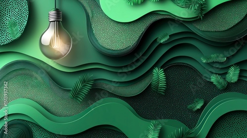 Abstract layered green waves with a hanging light bulb