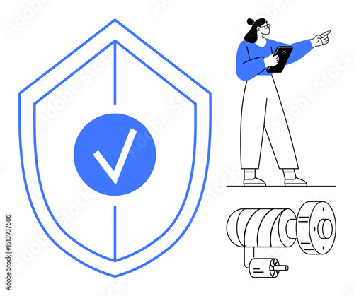 Shield with checkmark symbolizing security, woman with tablet indicating reliability, and gear representing mechanical operations. Ideal for technology, cybersecurity, industry, guidance