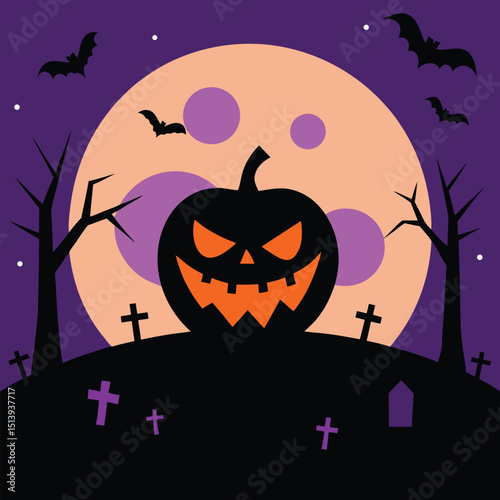 Spooky halloween night scene with a carved jack o lantern bats and tombstones