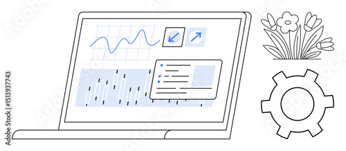 Laptop displaying graphs, charts, and a report interface. Flower bouquet and gear symbol reinforce themes of technology, innovation, and balance. Ideal for analytics, process design, environment