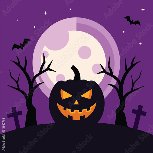 Spooky halloween night scene with a carved pumpkin bats moon and trees vector illustration