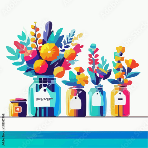 Colorful flower delivery icon in jars with labels on a shelf  