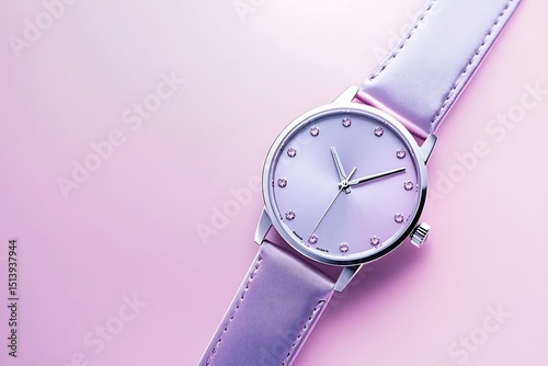 Gem-studded dial wristwatch in soft lilac tones with satin band, placed neatly on a pastel background with subtle shadows  photo
