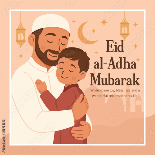 Eid al-Adha Mubarak flat illustration of father hugging son warmly