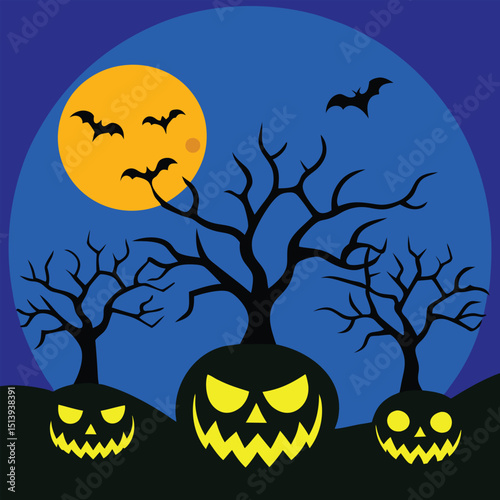 Spooky halloween scene featuring jack o lanterns silhouetted trees and a bright moon