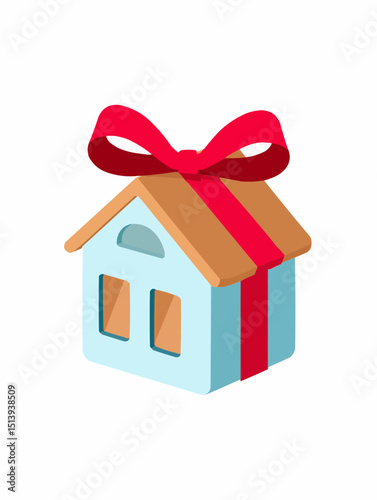New house with ribbon icon, flat housewarming vector
