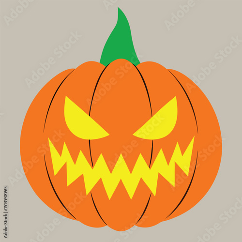 Vector illustration of a grinning halloween pumpkin with glowing eyes and green stem