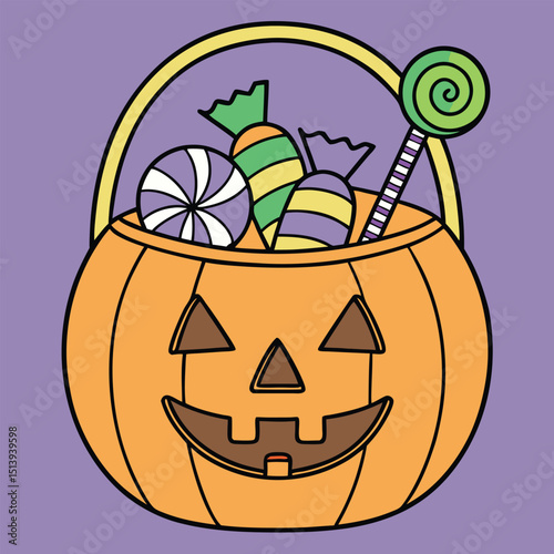 Cartoon illustration of a jack o lantern candy basket filled with sweet halloween treats