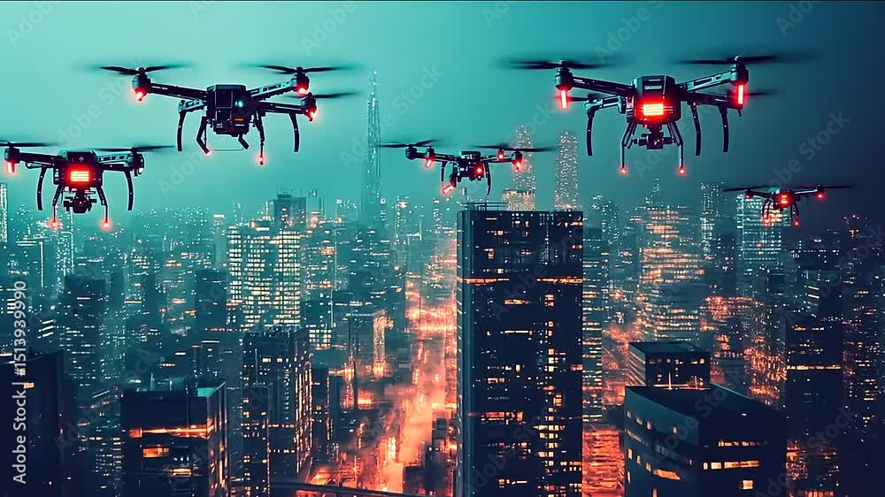 Futuristic urban landscape featuring a swarm of drones navigating the night skyline