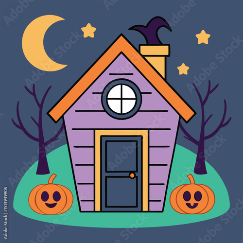 Cute cartoon illustration of a halloween house with pumpkins moon and stars at night