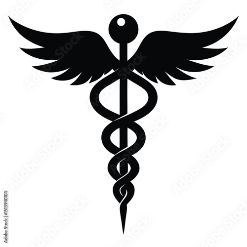 Black and White Vector Image of a Caduceus the Traditional Symbol of Medicine Featuring Two Snakes and Wings on a White Background
