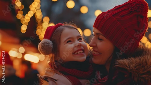 A laughing mother and daughter embrace joy at a festive outdoor event, bathed in warm lights and dressed in holiday-themed attire, sharing a precious, lighthearted moment together.