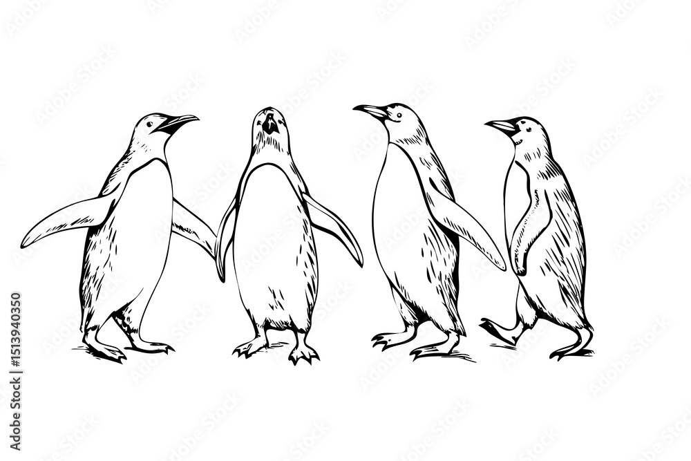 Naklejka premium Engraved Realistic Penguins Detailed Line Art Illustration