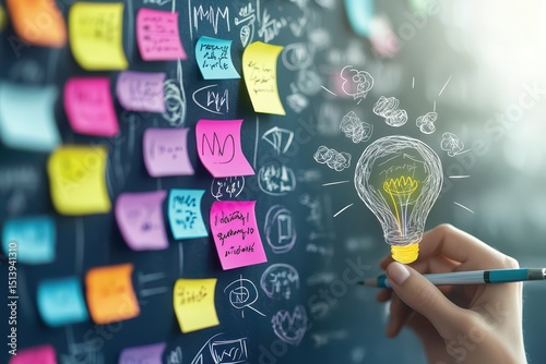 business confident portrait concept. Creative brainstorming with sticky notes and a lightbulb illustration on a chalkboard.
