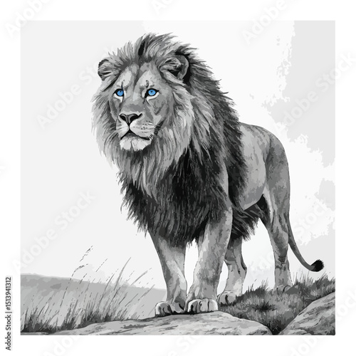 lion in black and white with blue eyes