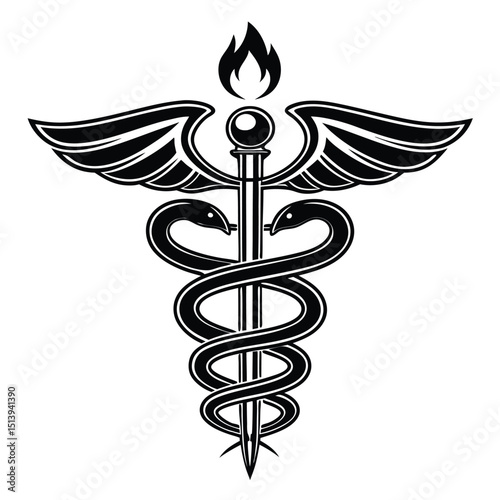 Monochrome Caduceus Symbol with Wings Staff Snakes and Flames Representing Medicine Healing Commerce Negotiation and a Vector Illustration on a White Background