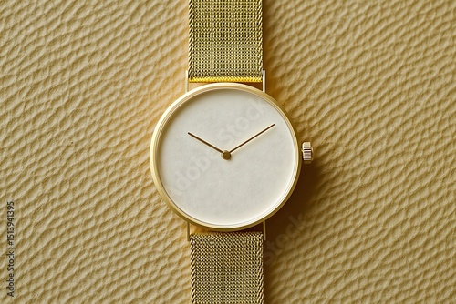 Off-white minimalist wristwatch with golden mesh strap and clean dial, gently placed on warm textured paper  photo