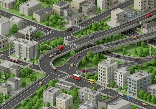 Cityscape with overpasses and roads. Lush greenery between buildings