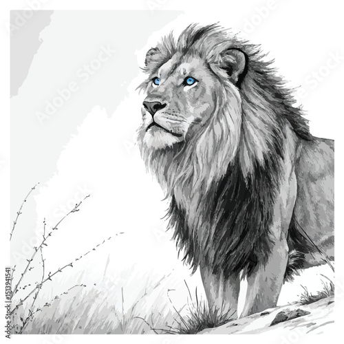 lion in black and white with blue eyes