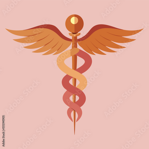 Stylized Caduceus Medical Symbol with Wings and Two Snakes in Earth Tones on a Light Pink Background for Healthcare and Wellness Designs