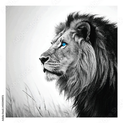 lion in black and white with blue eyes