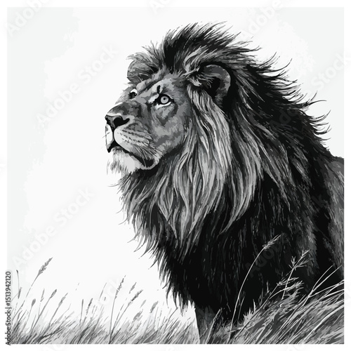 lion in black and white with blue eyes