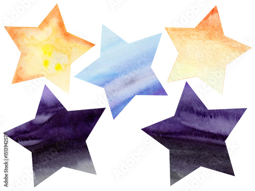 Watercolor Multicolored Stars Geometric Clipart Illustrative Set on White Background  