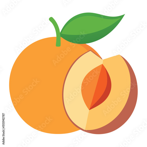 Vector illustration of a ripe peach with green leaf isolated on white background