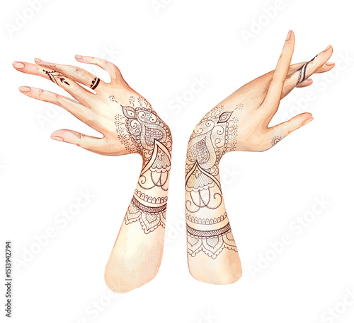 Artistic Female Hands with Tattoos Elegant Movement Against White Background Illustration  