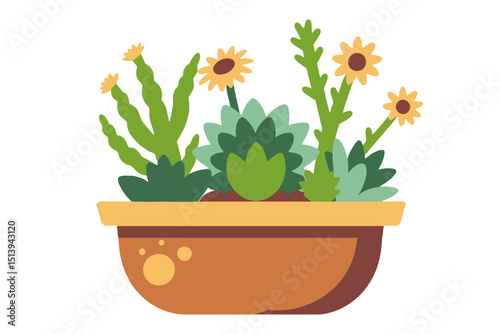 Cartoon Potted Succulents and Flowers Illustration- Beautiful Green and Yellow Plant Arrangement in Decorative Brown Pot- Indoor Gardening Concept Art