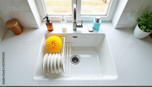 Kitchen sink with dishes, sponge, and cleaning supplies in daylight  
