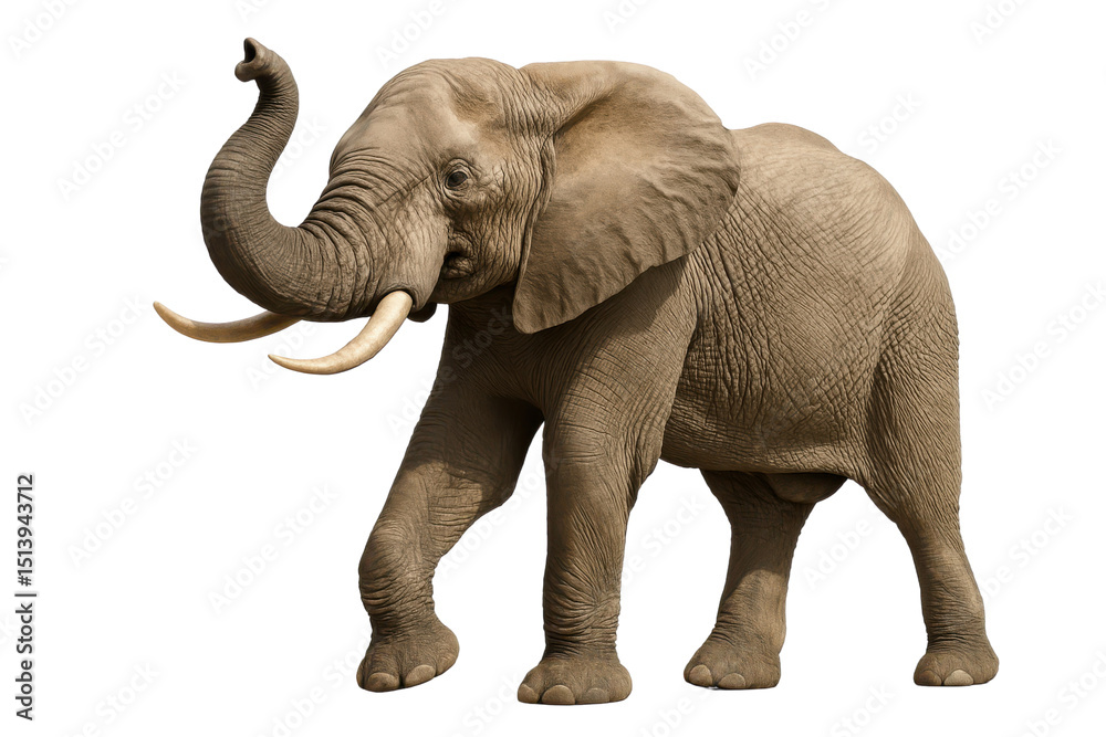 Obraz premium African Elephant Portrait: A majestic African elephant, its trunk raised high, stands majestically against a plain background, isolated on transparent or white background, png. 