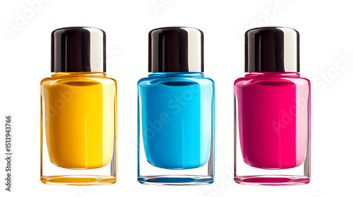 Set of Yellow, Blue, and Pink Nail Polish Bottles on White Background