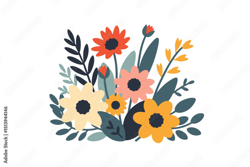 Fototapeta premium Colorful Flower Bouquet Illustration - Modern Floral Design with Orange Pink and Yellow Blooms - Perfect for Spring or Summer Themes - Flat Vector Art on White Background
