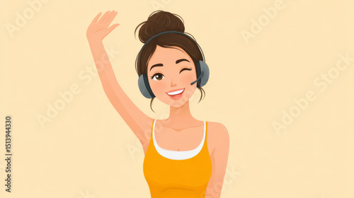 Enthusiastic dance instructor demonstrating move with headphones