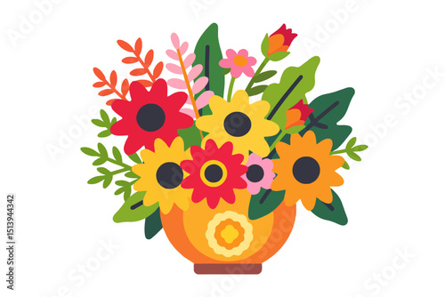 Colorful Flower Bouquet Vector Illustration - Bright Floral Arrangement in Vase - Springtime Blooms and Foliage for Graphic Design Projects - Decorative Flower Art