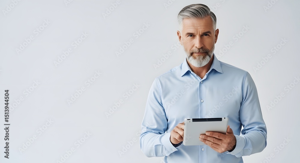 A mature businessman with a salt and pepper beard, dressed in a light blue shirt, stands confidently against a simple background, holding a tablet computer. A mature businessman with a salt and pepper beard, dressed in a light blue shirt, stands confidently against a simple background, holding a tablet computer.